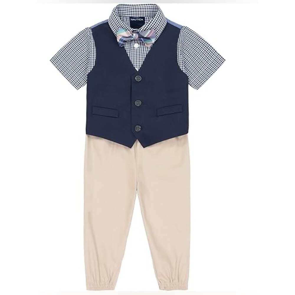 Nautica Toddler Boys Kids 4 Piece Short Sleeve Vest Bow Tie Outfit Set. 3. 3T.